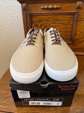 Beverly Hills Polo Club Khaki Canvas Low-Top Sneakers with Brown Accents